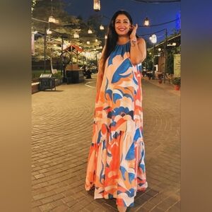 Maeve Anthropologie Flounced Halter Maxi Dress S Retro Abstract Geometric Boho